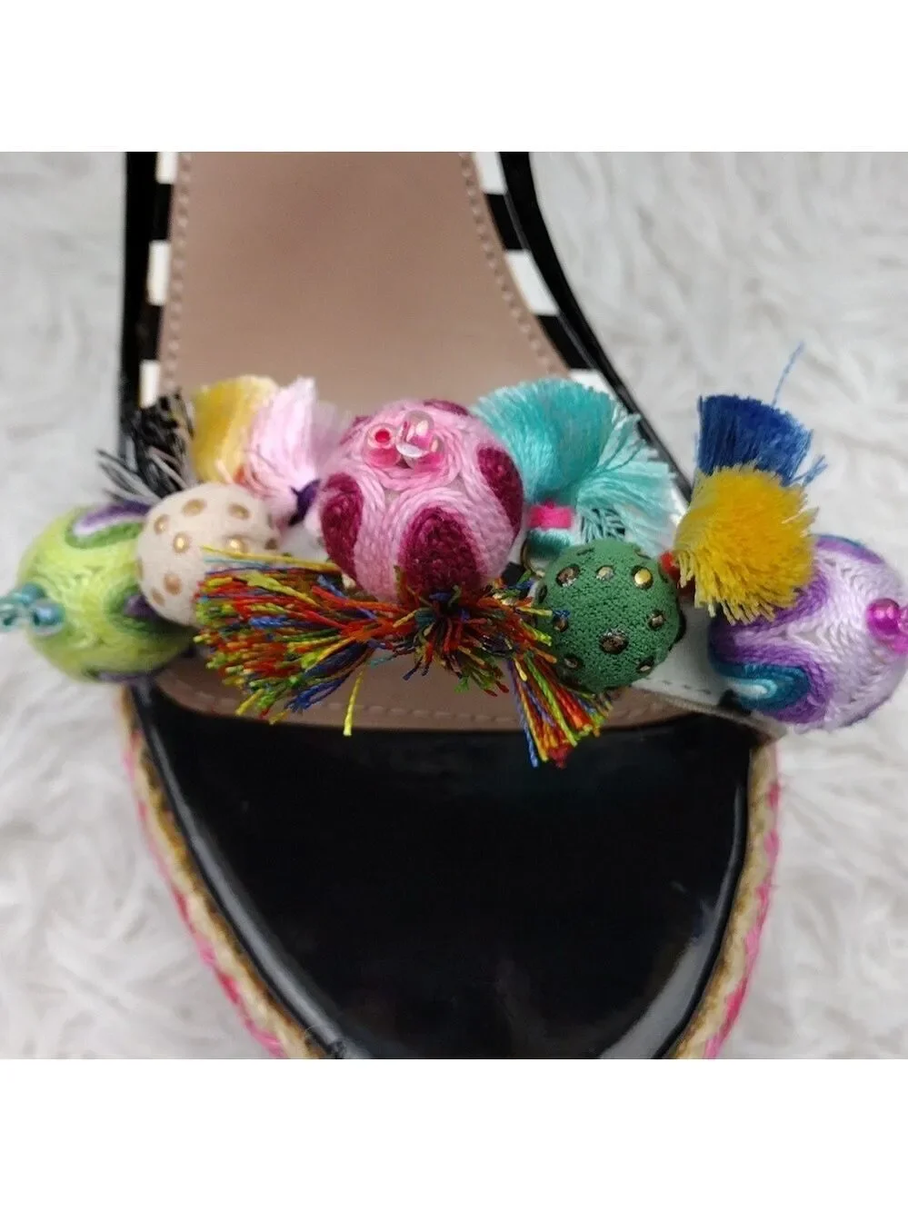 Betsey Johnson Polka Black White Embroidered Open Toe Slingback High Heel Shoe